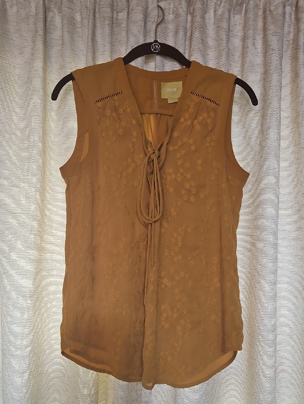 Anthropologie Mustard Tie-Neck Embroidered Sleeveless Top